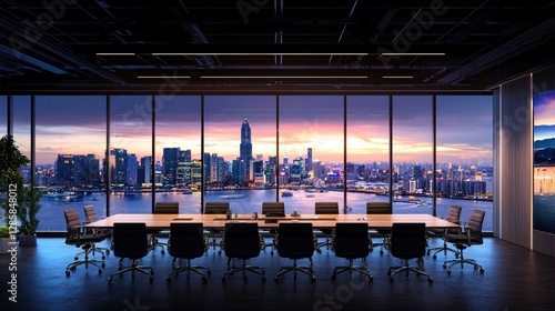 Modern Conference Room Overlooking City Skyline at Sunset