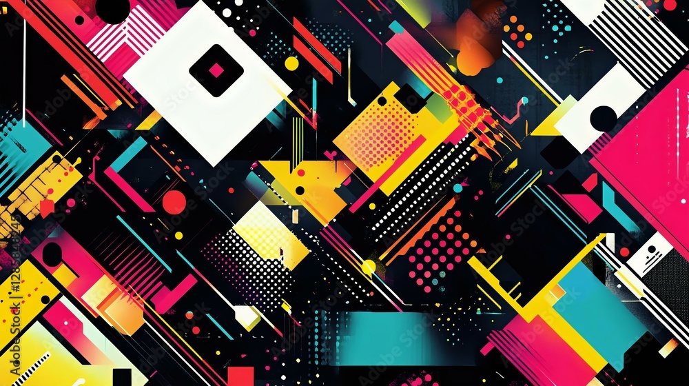 Vibrant geometric patterns with contrasting colors creating a dynamic abstract background. Ideal for modern designs and advertising. Vibrant geometric patterns with contrasting colors creating a dynamic abstract background. Ideal for modern designs and advertising.