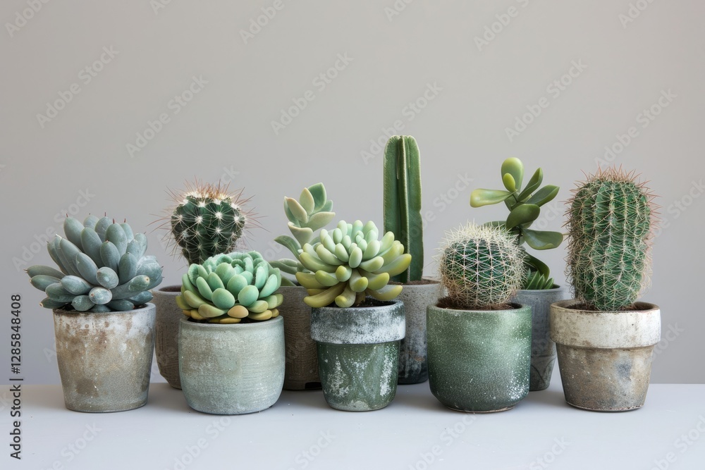 High Quality Visual of Several Indoor Plants,Cacti in Pots on Empty Gray Background High Quality Visual of Several Indoor Plants,Cacti in Pots on Empty Gray Background
