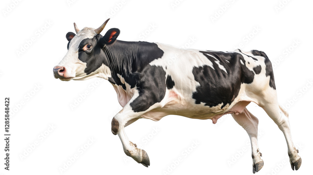 Black and white cow leaps energetically in the field during daylight hours showcasing its playful spirit