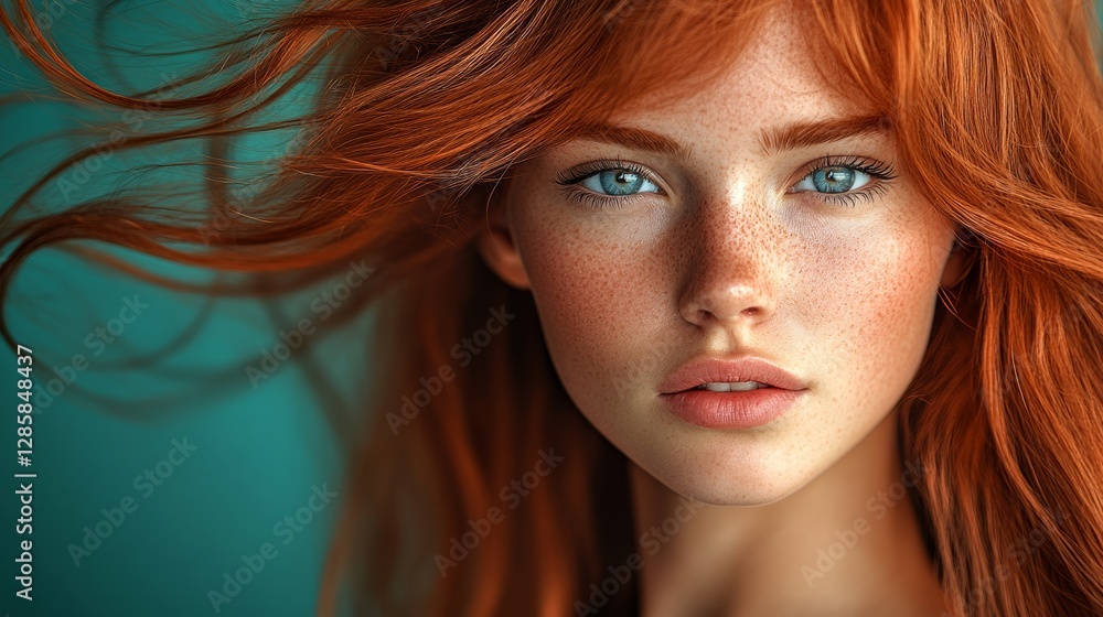 Obraz premium Woman with red hair and blue eyes. She has a very long and curly hair. She is wearing a black shirt