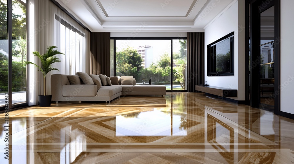Fototapeta premium Modern Luxury Living Room Interior Design with Polished Wooden Floor