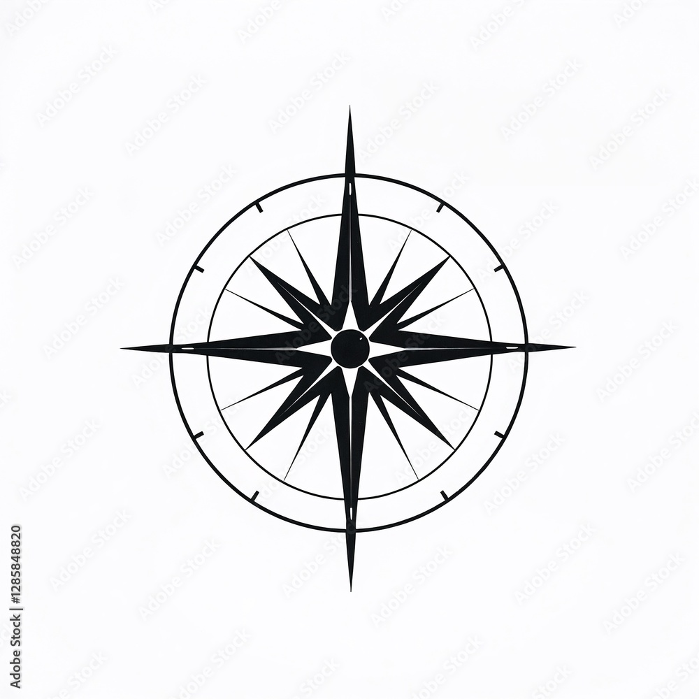 Classic black compass design on a white background, minimalist illustration