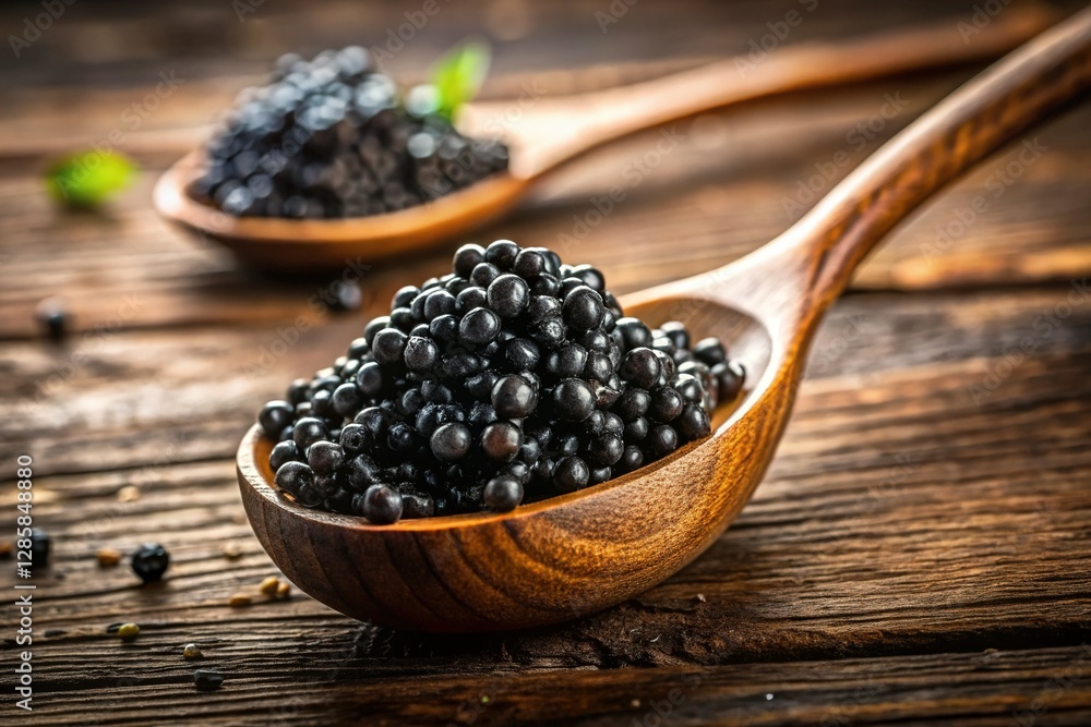 Luxurious Caviar on Rustic Wooden Spoon - Gourmet Delicacy Stock Photo Luxurious Caviar on Rustic Wooden Spoon - Gourmet Delicacy Stock Photo