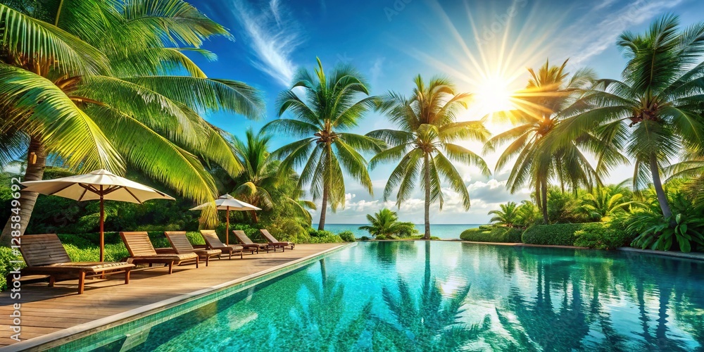 Luxurious Tropical Resort Poolside Paradise: Sunbeds, Palm Trees, and Crystal-Clear Water Luxurious Tropical Resort Poolside Paradise: Sunbeds, Palm Trees, and Crystal-Clear Water