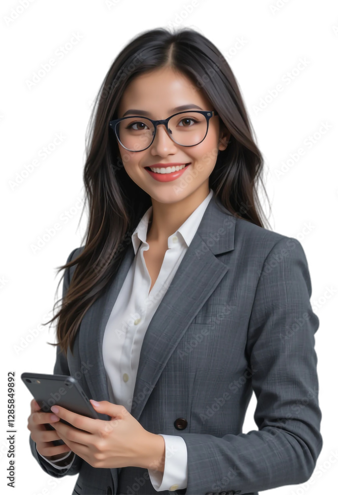 Portrait of a young businesswoman in a suit holding a phone and smiling Portrait of a young businesswoman in a suit holding a phone and smiling