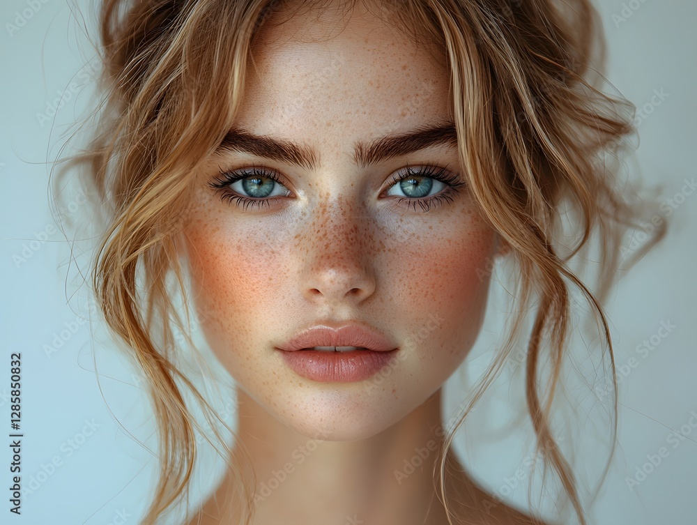 Delicate Freckled Woman with Serene Expression Under Bright Lighting High Key Portrait Concept Delicate Freckled Woman with Serene Expression Under Bright Lighting High Key Portrait Concept