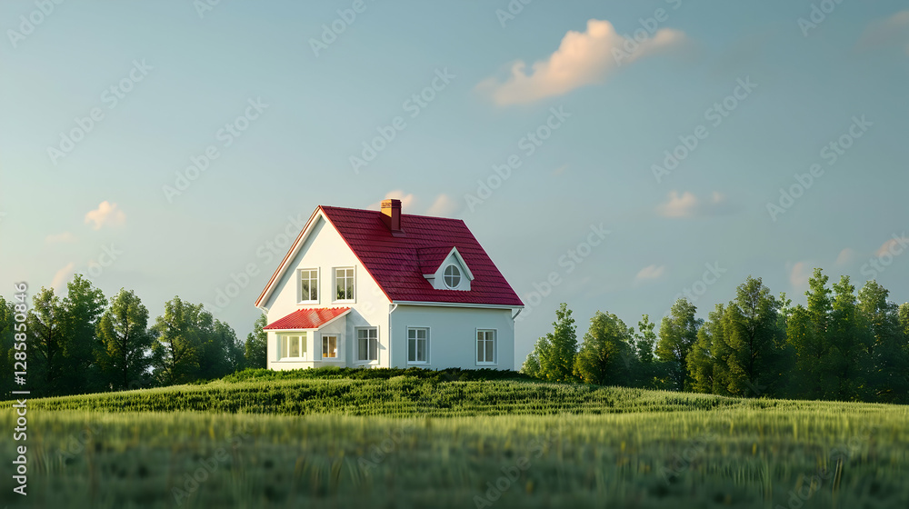 Serene countryside scene featuring a charming white house with a red roof surrounded by lush greenery Serene countryside scene featuring a charming white house with a red roof surrounded by lush greenery