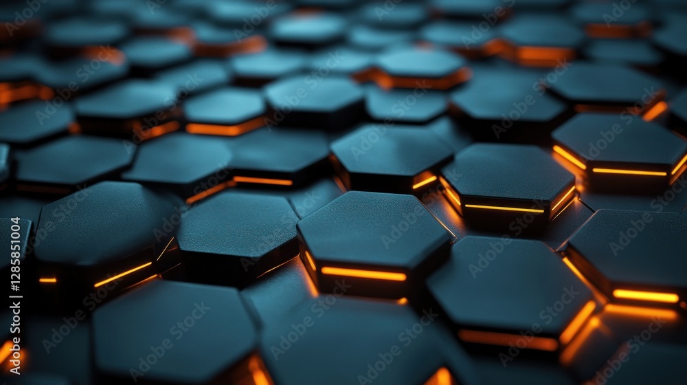 Abstract Hexagonal Pattern with Glowing Orange Lines on Dark Surface Abstract Hexagonal Pattern with Glowing Orange Lines on Dark Surface