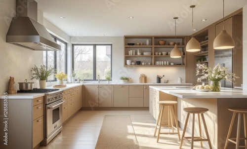 Modern kitchen featuring warm tones
