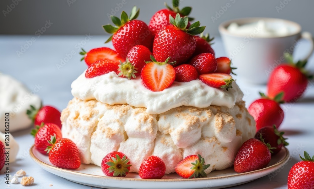 Delicious pavlova topped with strawberries Delicious pavlova topped with strawberries