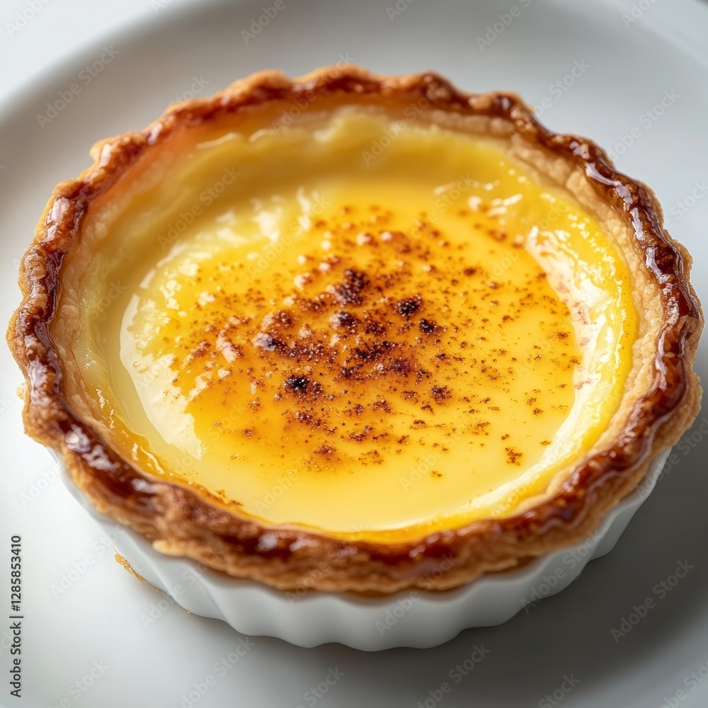 Freshly Baked Egg Tart with Golden Flaky Crust on White Plate Freshly Baked Egg Tart with Golden Flaky Crust on White Plate
