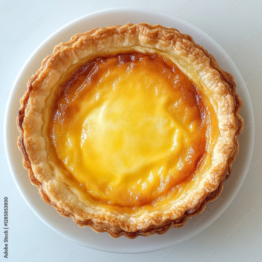 Freshly Baked Egg Tart with Golden Flaky Crust on White Plate Freshly Baked Egg Tart with Golden Flaky Crust on White Plate