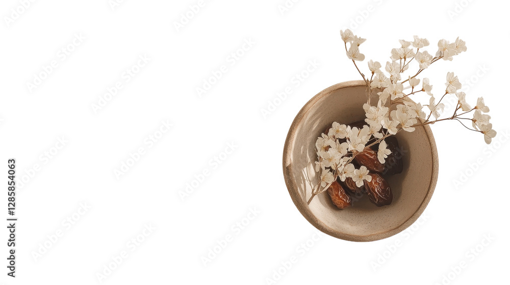 Decorative bowl with dried fruits and delicate flowers displayed in a minimalist setting Decorative bowl with dried fruits and delicate flowers displayed in a minimalist setting