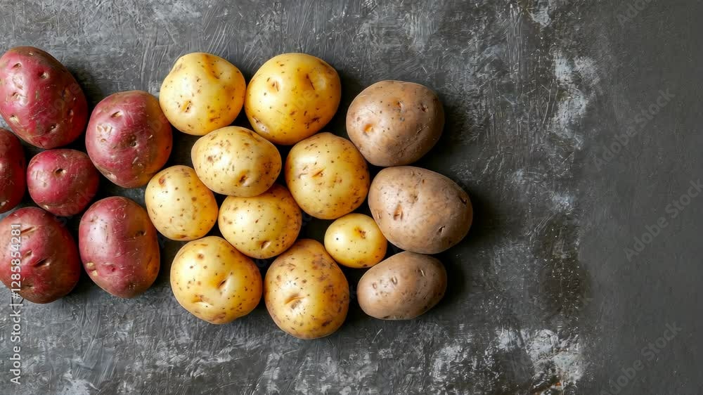 Freshly harvested variety of potatoes arranged on a textured surface for culinary inspiration and cooking ideas Freshly harvested variety of potatoes arranged on a textured surface for culinary inspiration and cooking ideas