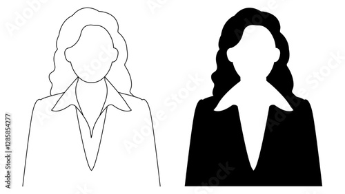 A profile illustration of a woman's silhouette. An outline businesswoman profile illustration. A black and white female avatar picture. A woman in a business suit.