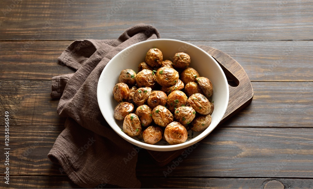 Fototapeta premium Roasted baby potatoes with olive oil, garlic and herbs