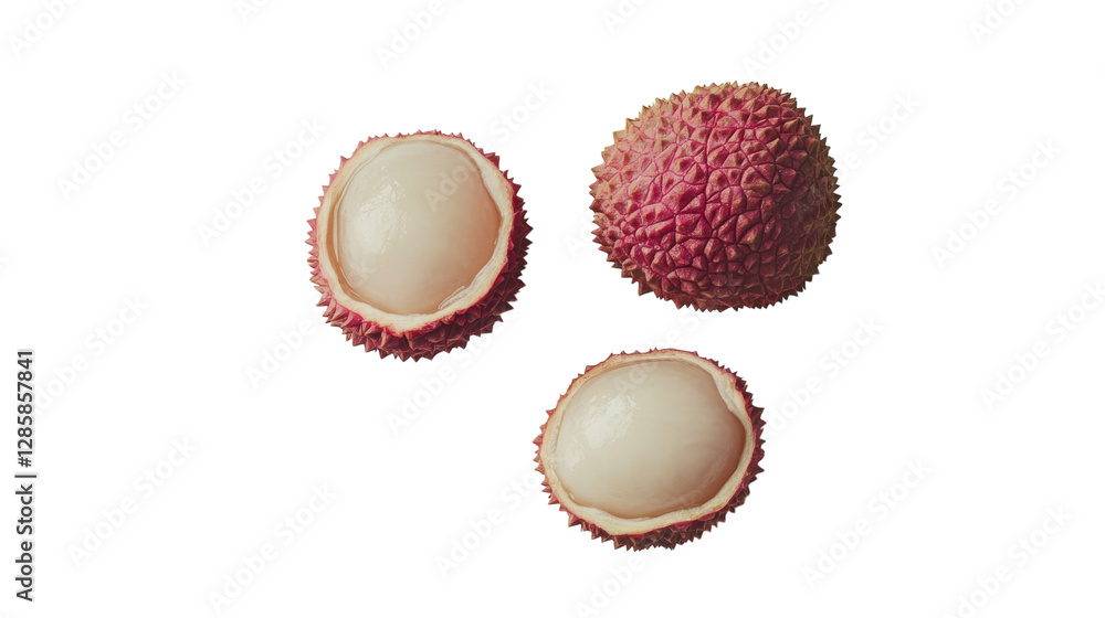 Fresh lychee fruit arrangement showcasing whole and peeled varieties on a clean surface Fresh lychee fruit arrangement showcasing whole and peeled varieties on a clean surface