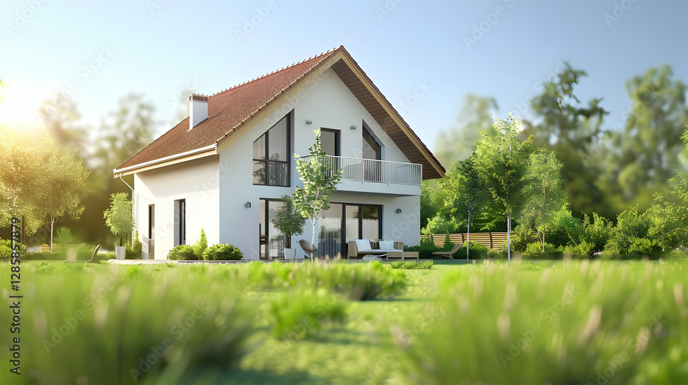 Modern house surrounded by lush greenery and trees, with a bright sunny atmosphere Modern house surrounded by lush greenery and trees, with a bright sunny atmosphere