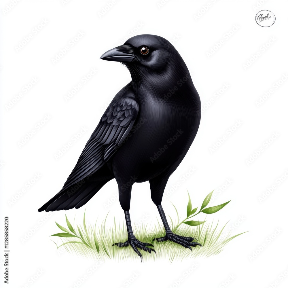 Obraz premium Realistic illustration of a solitary black crow perched near green grass and leaves in a natural setting