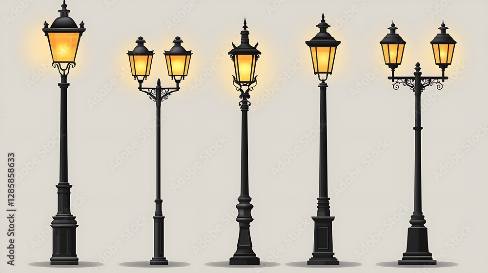 Set street lamp posts isolated on a white background, vector illustration. Black classic street light poles with yellow lamps in different positions. Set street lamp posts isolated on a white background, vector illustration. Black classic street light poles with yellow lamps in different positions.
