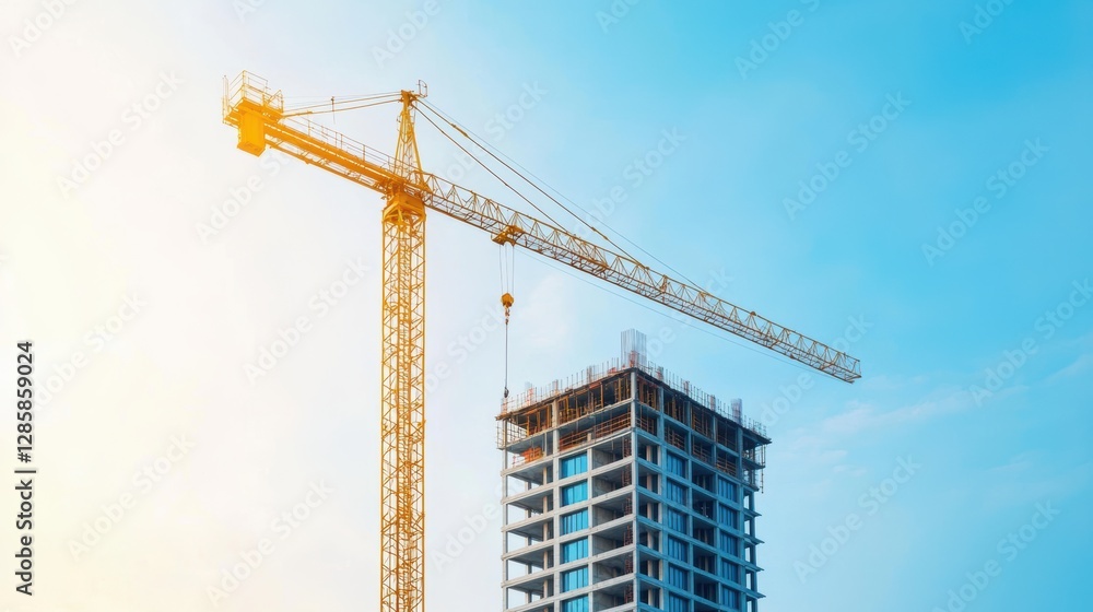 Modern Construction Site with a Tower Crane Against a Bright Blue Sky and Building Framework Modern Construction Site with a Tower Crane Against a Bright Blue Sky and Building Framework