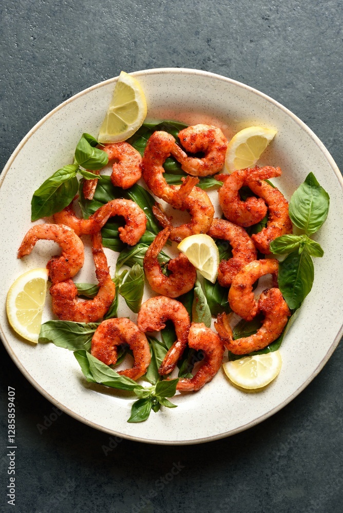 Fotografie Spicy thai basil shrimps