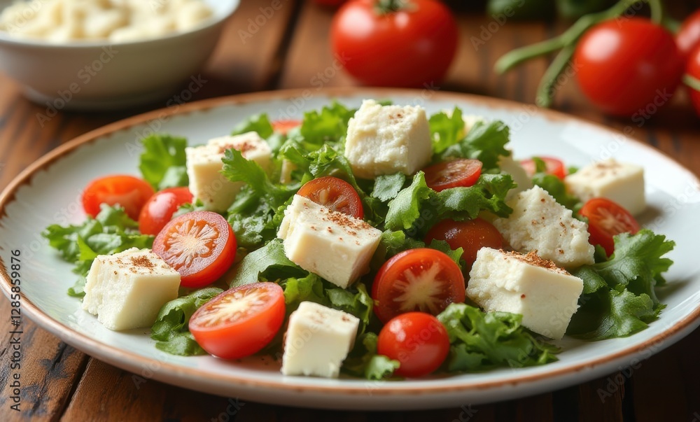 Fresh vegetable salad with cheese cubes Fresh vegetable salad with cheese cubes