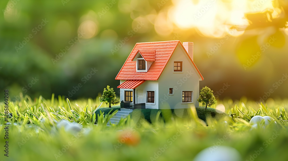 Miniature house model on lush green grass during sunset, surrounded by soft glowing light Miniature house model on lush green grass during sunset, surrounded by soft glowing light
