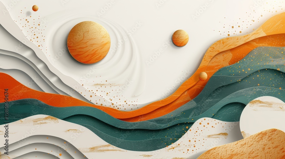 custom made wallpaper toronto digitalAbstract layered design, orange and teal wavy forms, white background, with golden details