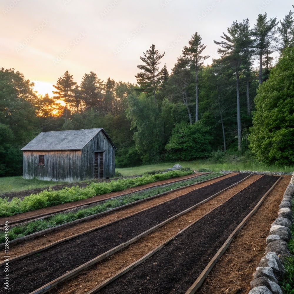 Tranquil Rural Landscape at Dawn With Garden Rows and Barn. Generative AI Tranquil Rural Landscape at Dawn With Garden Rows and Barn. Generative AI