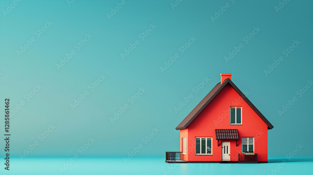 A vibrant red house model stands against a minimalist turquoise background, symbolizing home and comfort A vibrant red house model stands against a minimalist turquoise background, symbolizing home and comfort