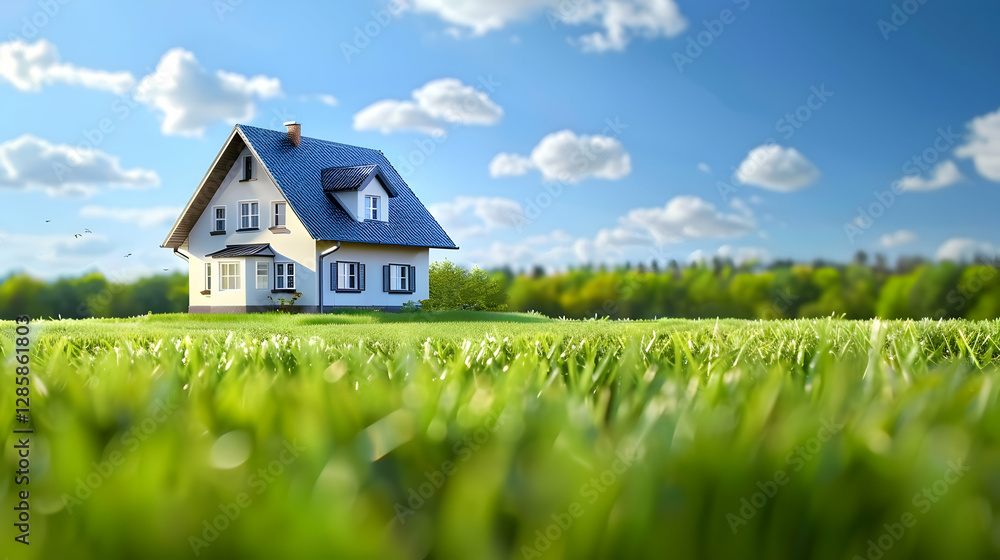 A serene house on a grassy field under a clear blue sky with fluffy clouds, symbolizing tranquility A serene house on a grassy field under a clear blue sky with fluffy clouds, symbolizing tranquility