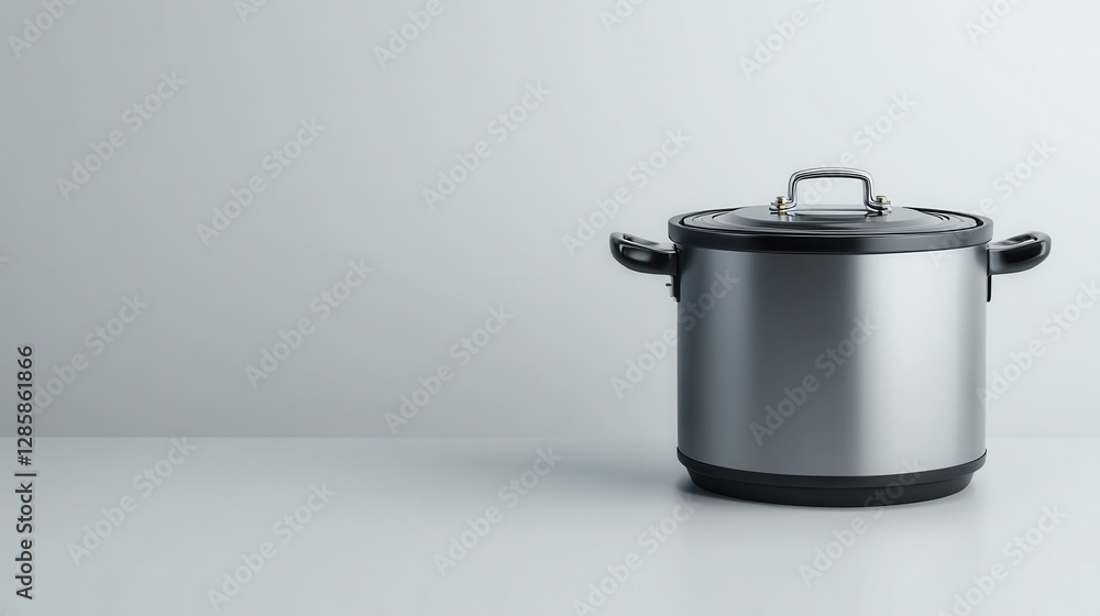Sleek Stainless Steel Cooking Pot with Lid on Minimalist Surface in Modern Kitchen Setting Sleek Stainless Steel Cooking Pot with Lid on Minimalist Surface in Modern Kitchen Setting