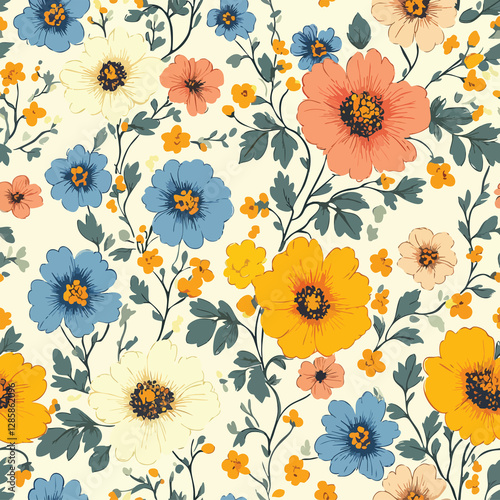 Wallpaper Mural Vintage Pastel Floral Seamless Pattern with Small Bouquets on Cream Background Torontodigital.ca