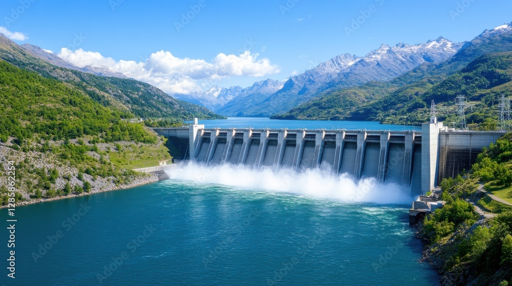 Majestic Hydroelectric Dam Surrounded by Stunning Mountains and Lush Greenery Under a Bright Blue Sky Majestic Hydroelectric Dam Surrounded by Stunning Mountains and Lush Greenery Under a Bright Blue Sky