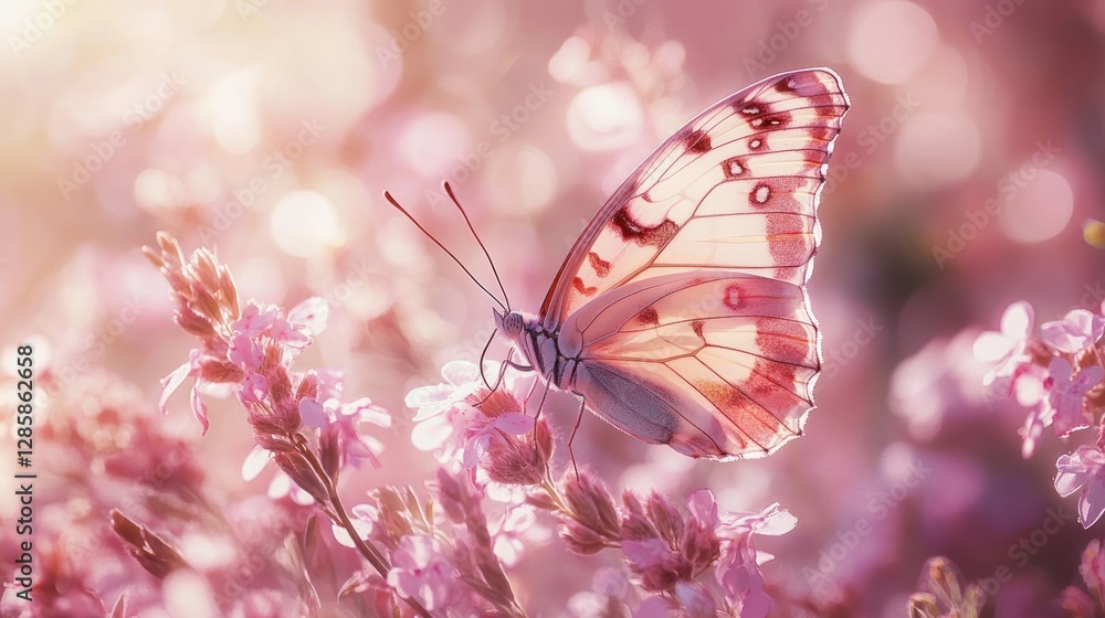 Naklejka premium Pink butterfly on flowers, sunlight, bokeh, springtime