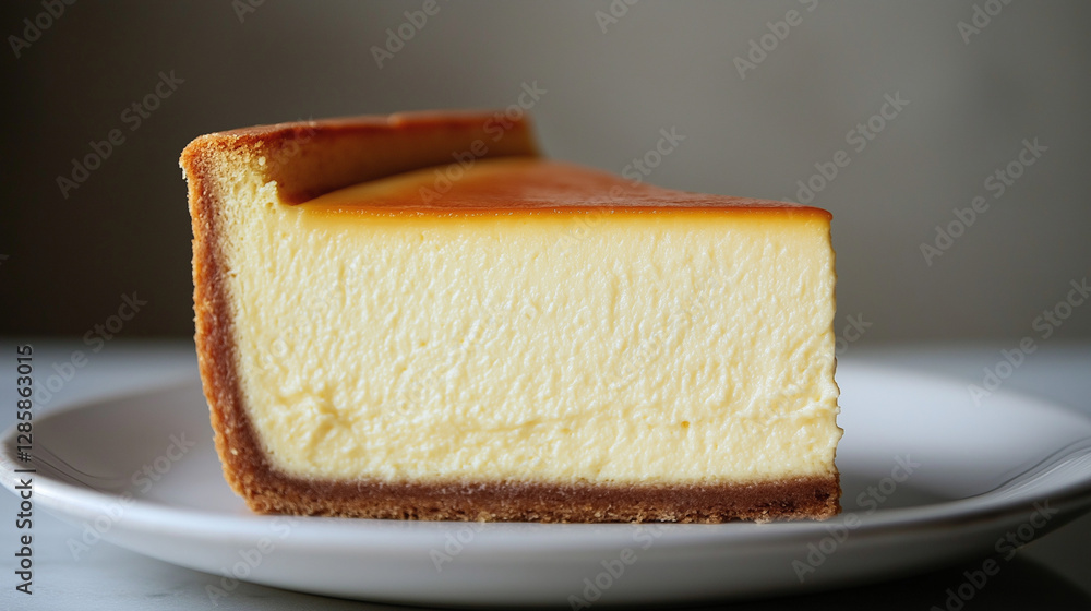Close-Up View of Creamy Cheesecake Slice on White Plate with Smooth Caramel Topping Close-Up View of Creamy Cheesecake Slice on White Plate with Smooth Caramel Topping
