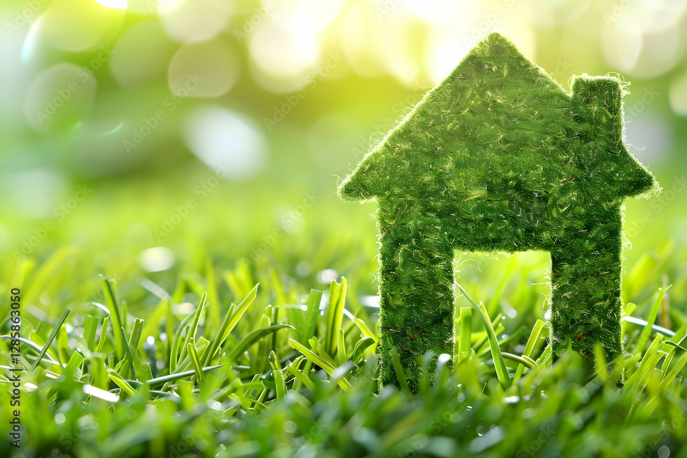 Green house-shaped figure made of grass on a sunny day in a lush garden setting Green house-shaped figure made of grass on a sunny day in a lush garden setting