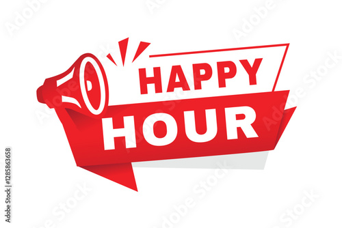 Happy hour banner, sign announcement vector illustration design with megaphone. web element or template.
