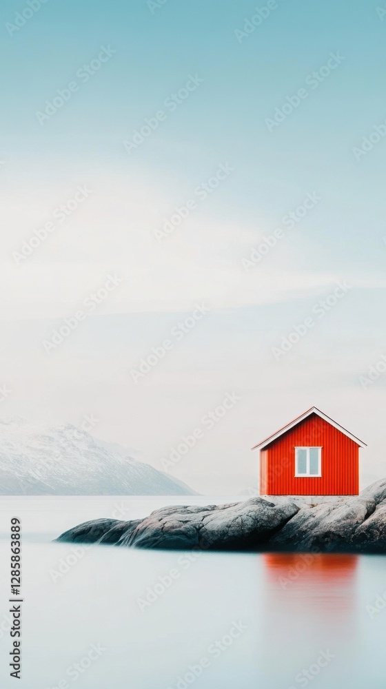 Red cabin on rocky shoreline with snowy mountain backdrop Red cabin on rocky shoreline with snowy mountain backdrop