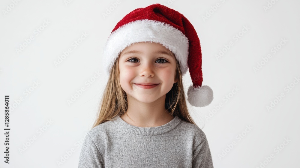 Cheerful Child in Santa Hat with Joyful Smile on Neutral Background for Holiday Themes Cheerful Child in Santa Hat with Joyful Smile on Neutral Background for Holiday Themes