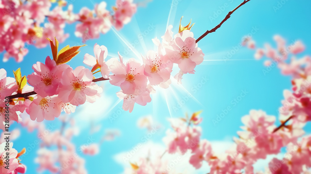 Breathtaking cherry blossoms in full bloom under a radiant blue sky, perfect for spring-themed designs and nature-inspired branding Breathtaking cherry blossoms in full bloom under a radiant blue sky, perfect for spring-themed designs and nature-inspired branding
