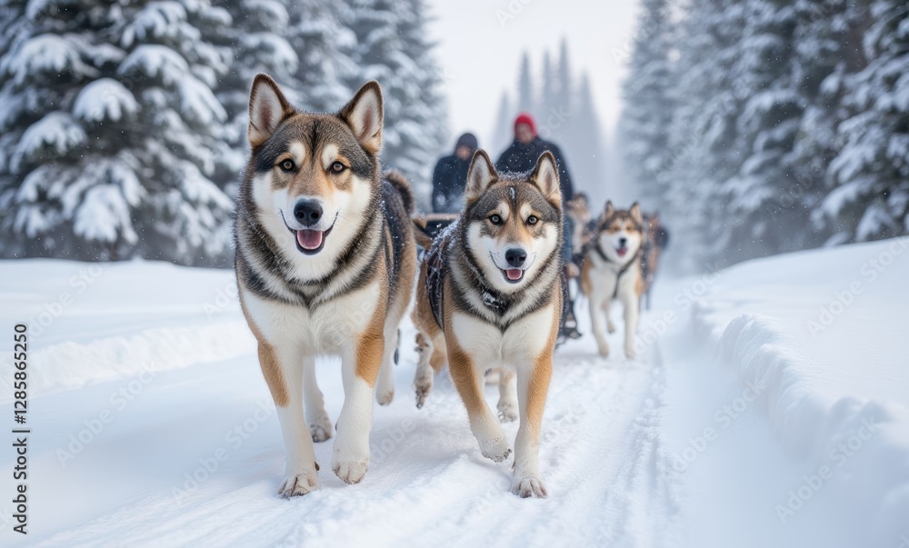 Sled dogs running in snowy woods Sled dogs running in snowy woods