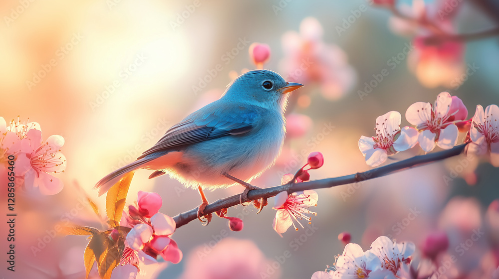 A lively bird perched on a blossoming branch, its feathers illuminated by gentle daylight, symbolizing freedom. A lively bird perched on a blossoming branch, its feathers illuminated by gentle daylight, symbolizing freedom.