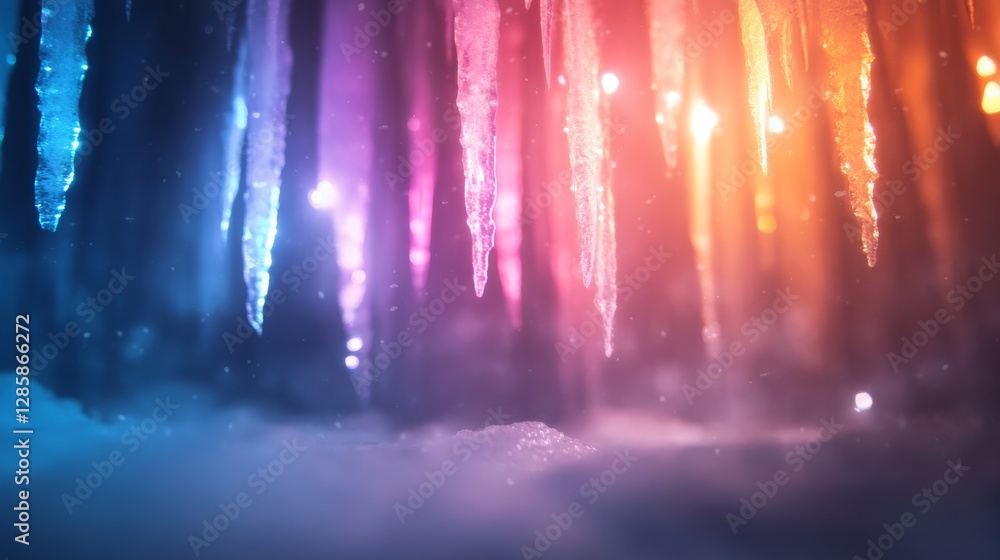 Obraz premium Colorful icicles illuminated by light source, cave setting
