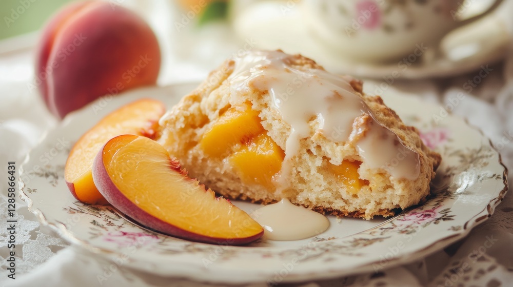 Fresh Peach Scone with Light Peach Glaze on Decorative Plate Fresh Peach Scone with Light Peach Glaze on Decorative Plate
