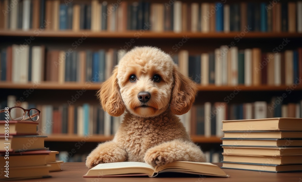 Curious dog in library studying book Curious dog in library studying book