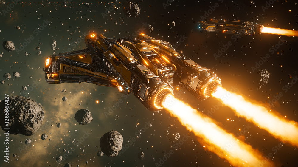 Fototapeta premium Futuristic Spaceship Flying in Deep Space with Asteroids