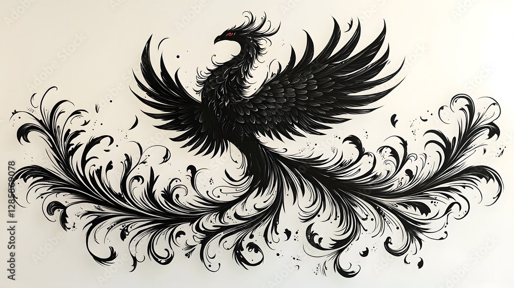Fototapeta premium Striking Tribal Phoenix Tattoo Design with Fiery Wings on White Background